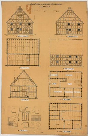 Beienbach (Kreis Siegen): Hof Flender. Haupthaus (Lageplan, Grundrisse, Ansichten, Schnitte)