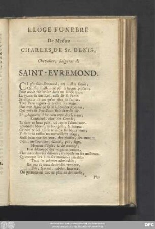 Eloge Funebre De Messire Charles De St. Denis, Chevalier, Seigneur de Saint-Evremond.