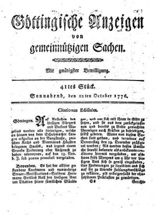 41tes Stück. Sonnabend, den 12ten October 1776.