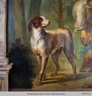 Fabelszene mit zwei Männern, einem Storch und einem Pelikan, einem Adler mit seiner Beute, Hund und einer illusionistischen Palme