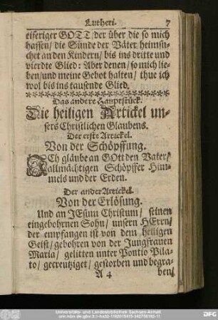 Das andere Hauptstück. Die heiligen Artickel unsers Christlichen Glaubens.