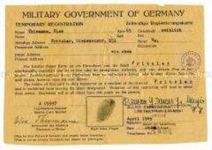 Registrierkarte der amerikanischen Militärregierung für Else Thiemann
