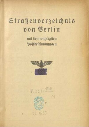 1938: Straßenverzeichnis von Berlin : mit Posthinweisen