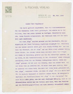 Brief von Samuel Fischer von S.-Fischer-Verlag  an Gerhart Hauptmann