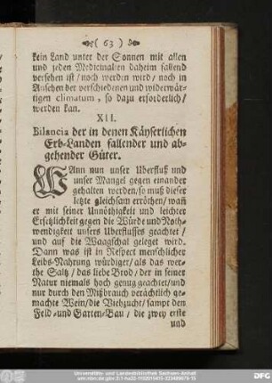XII. Bilancia der in denen Käyserlichen Erb-Landen fallender und abgehender Güter.