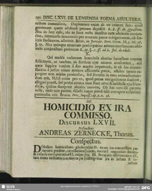 De Homicidio Ex Ira Commisso, Discursus LXVII. Defendens Andreas Zernecke, Thorun.