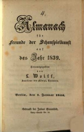 Almanach für Freunde der Schauspielkunst. [4]. 1839 (1840)