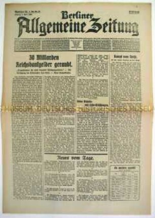 Tageszeitung "Berliner Allgemeine Zeitung" u.a. zur Besetzung des Ruhrgebiets durch französische Truppen