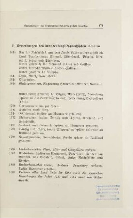 D. Erwerbungen des brandenburgisch-preußischen Staates