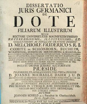 Dissertatio Juris Germanici De Dote Filiarum Illustrium