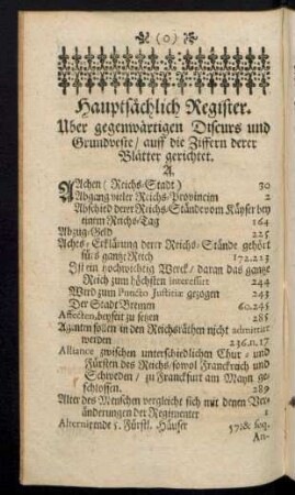 Hauptsächlich Register. Über gegenwärtigen Discurs und Grundveste, auff die Ziffern derer Blätter gerichtet.