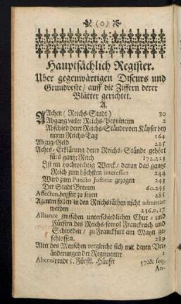 Hauptsächlich Register. Über gegenwärtigen Discurs und Grundveste, auff die Ziffern derer Blätter gerichtet.
