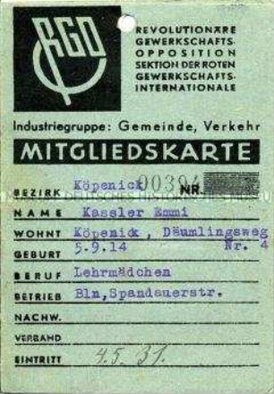 Mitgliedsausweis der Revolutionären Gewerkschafts-Opposition (RGO)