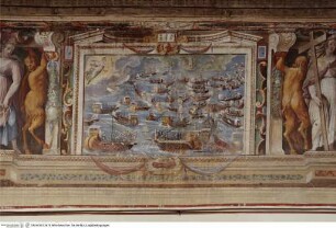 Szenen aus der Schlacht von Lepanto, Landschaften, Tugenddarstellungen und Kartuschen mit Wappen der Familie Colonna, Die Seeschlacht bei Lepanto (7.10.1571)