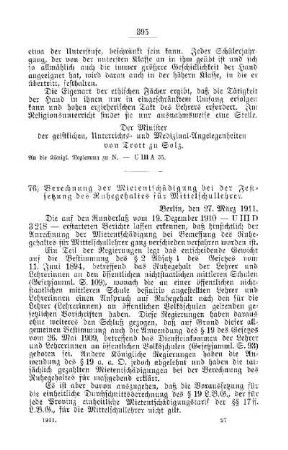 Berechnung der Mietentschädigung bei der Festsetzung des Ruhegehaltes für Mittelschullehrer : [G. Öffentliches Volksschulwesen]