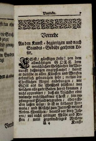 Vorrede An den Kunst - begierigen und nach Standes-Gebühr geehrten Leser.
