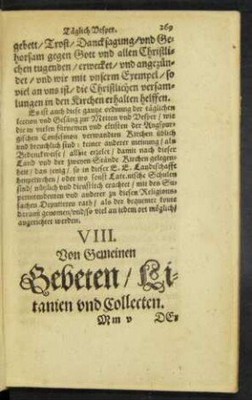 VIII. Von Gemeinen Gebeten/ Litanien und Collecten.
