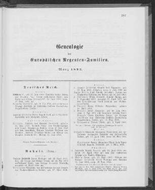 Genealogie der Europäischen Regenten-Familien. März 1892.