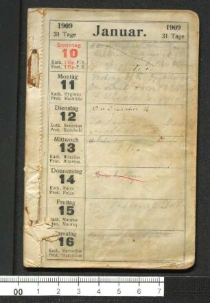 Taschenkalender mit tagebuchähnlichen Aufzeichnungen, 1909