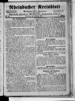 Rheinbacher Kreisblatt und wöchentlicher Anzeiger für die Bürgermeistereien Rheinbach, Adendorf, Kuchenheim, Münstereifel, Ollheim