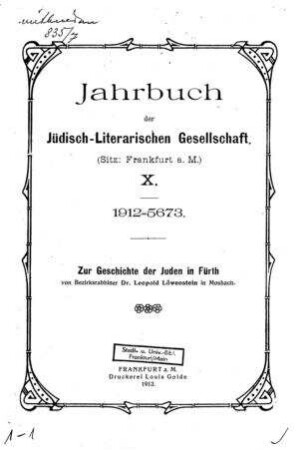Zur Geschichte der Juden in Fürth / von Leopold Löwenstein