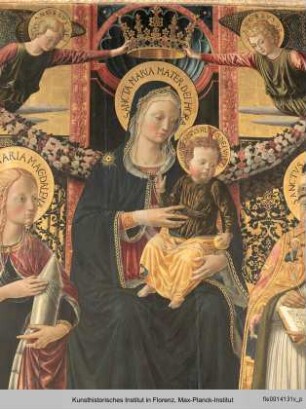 Maria mit Kind und den Heiligen Johannes Baptista, Maria Magdalena, Augustinus und Marta und zwei Engeln