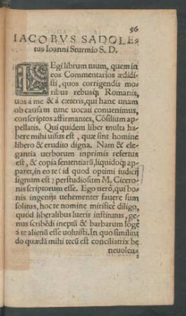 Iacobus Sadoletus Ioanni Sturmio S. D.