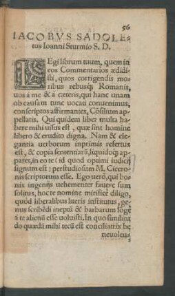 Iacobus Sadoletus Ioanni Sturmio S. D.