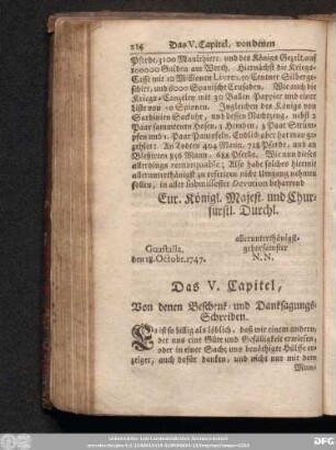 Das V. Capitel, Von denen Beschenk- und Danksagungs-Schreiben.