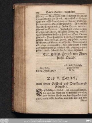 Das V. Capitel, Von denen Beschenk- und Danksagungs-Schreiben.