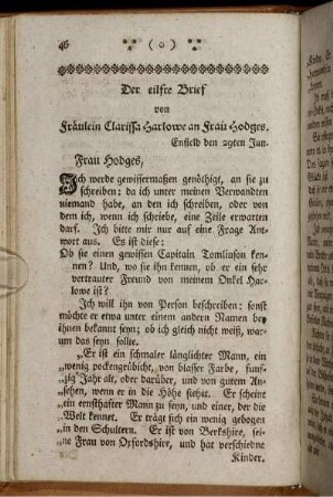 Der eilfte Brief von Fräulein Clarissa Harlowe an Frau Hodges. - Der funfzehnte Brief von Frau Norton an Fräulein Clarissa Harlowe.