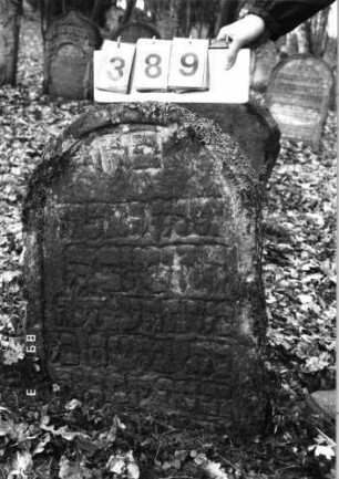 Grabstein 389 (Index: 99752632) Zustand: Stele eingesunken Maße HxBxT: 70x56x13 cm Beschreibung: Stele, Rundbogenabschluß, Schriftfeld eingetieft: Grabstein 389