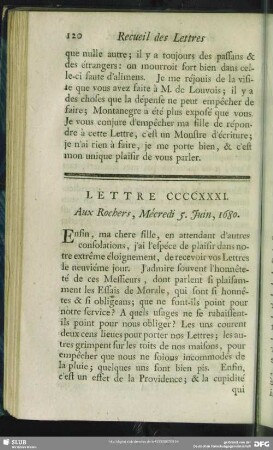 Lettre CCCCXXXI. Aux Rochers, Mécredi 5. Juin, 1680