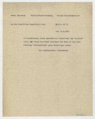 Brief von Raoul Hausmann an Staatliche Kunstbibliothek / Wolfgang Herrmann. Berlin