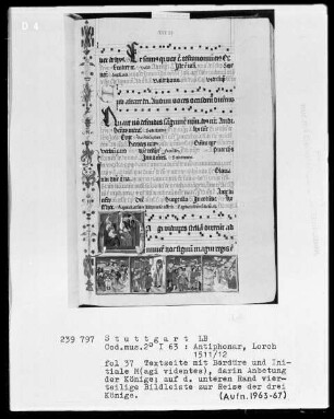 Antiphonarium (Benediktinerhandschrift) — Textseite mit historisierter Initiale und Bildleiste und Bordüre, Folio 37recto