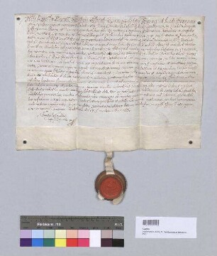 Franz [Weinhard], Bischof von Lydda, Generalvikar von Albrecht Sigismund [Herzog von Bayern], Bischof von Regensburg und Freising, verleiht dem Lic. theol. Georg Schreyereder nach der Präsentation des Klosters Aldersbach die durch Resignation von David Karl Kaukol ledige Pfarrei Geiersthal. S: Franz [Weinhard], Bischof von Lydda, Suffragan und Generalvikar zu Regensburg