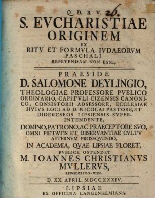 S. Eucharistiae originem ex ritu et formula Iudaeorum paschali repetendam non esse
