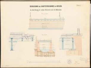 Flussregulierung der Spree, Berlin-Mitte Schinkelwettbewerb 1876: Rechte Uferstraße: Aufriss Seitenansicht, Querschnitt 1:100; Details 1:10; 2 Maßstabsleisten