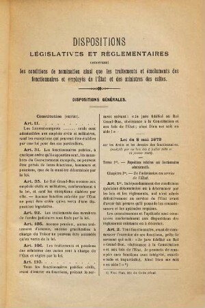 Dispositions législatives et réglementaires concernant les conditions de nomination ainsi que les traitements et émoluments des fonctionnaires et employés de l'état et des ministres des cultes : (Extrait de la Pasinomie)