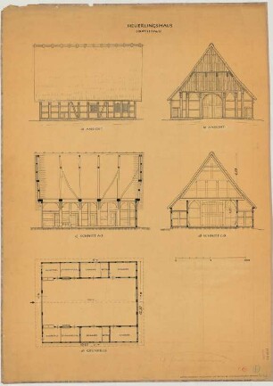Hiddenhausen (Kreis Herford): Gut Bustedt. Heuerlingshaus (Grundriss, Giebelansicht, Seitenansicht, Schnitte)