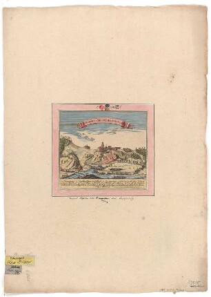 Ansicht von Sachsenburg, Kupferstich, 1755 : Prospect Von Sachsenbvrg. - Schneeberg : [Fuld] , [1755]. - 1 Kunstbl. : kolor. Kupferst. ; 17 x 13 cm