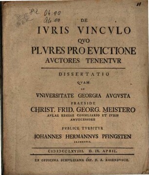 De Ivris Vincvlo Qvo Plvres Pro Evictione Avctores Tenentvr