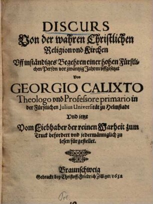 Discurs von der wahren Christlichen Religion und Kirchen