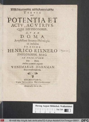 Exercitationum Metaphysicarum Tertia De Potentia Et Actu, Ac Utriusque Divisionibus