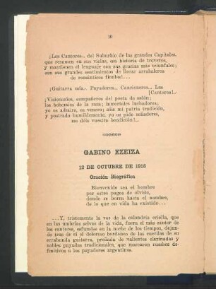Gabino Ezeiza : 12 de Octubre de 1916. - Oración Biográfica