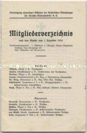 Mitgliederverzeichnis der Vereinigung ehemaliger Offiziere der Kaiserlichen Schutztruppe für Deutsch-Südwestafrika vom 1. Dezember 1930