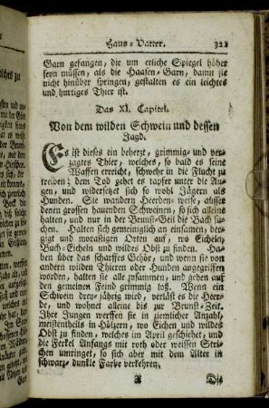 Das XI. Capitel. Von dem wilden Schwein und dessen Jagd. - Das XIX. Capitel. Von der Falknerey und dem Vogel-Fang.