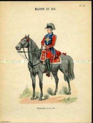 Uniformdarstellung, Musketier der Königlichen Leib-Garde, Königreich Frankreich, 1776.