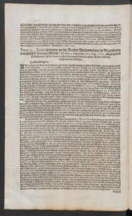 Num. 5. Copia ferneren an die Reichs-Versammlung zu Regenspurg vom Käyserl. Cammer-Gericht / sub dato 2. Septembr. (23. Aug.) 1681. abgangenen Schreibens/ Daß die Cameral-Unterhaltungs-Gelder in guter Reichs-Müntze erlegt werden möchten