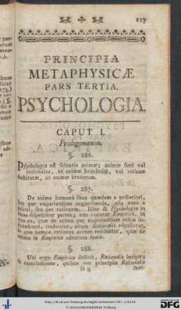 Principia Metaphysicae Pars Tertia. Psychologia.